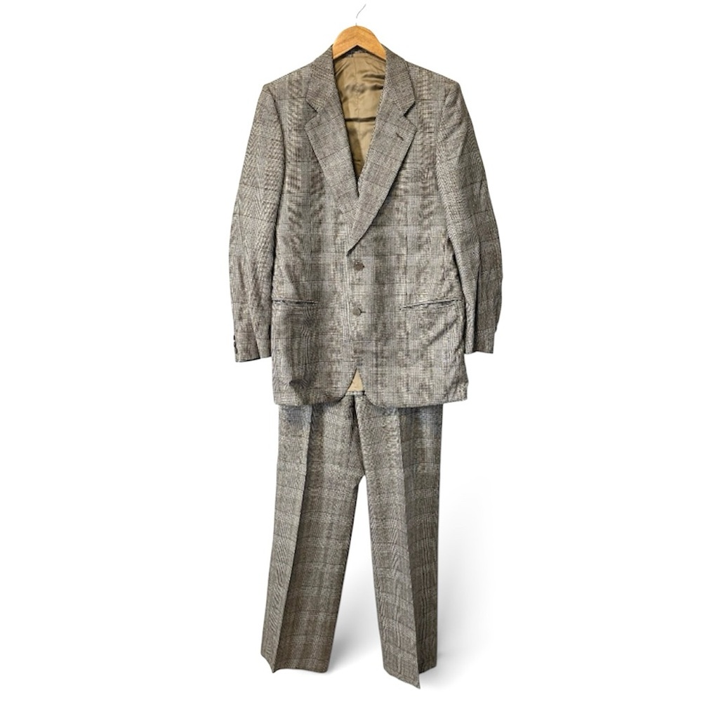 Vintage 70s 3‎ Piece Suit Wool Tan Plaid Blazer Vest Trousers Mens 52R Stuards